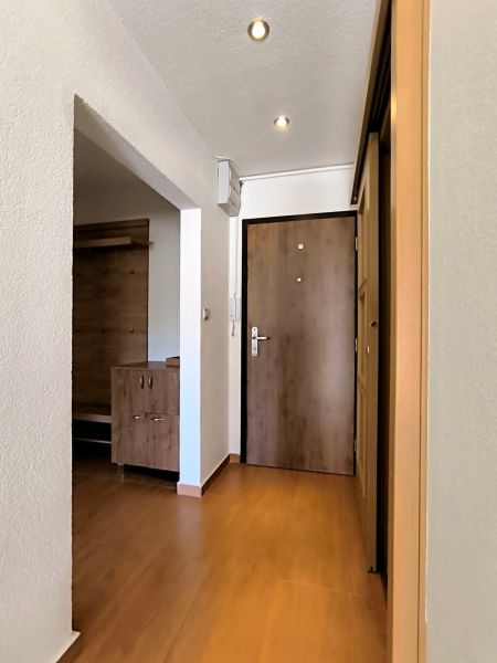Entrance hallway in a one-room apartment with a wood-patterned floor and wooden doors.