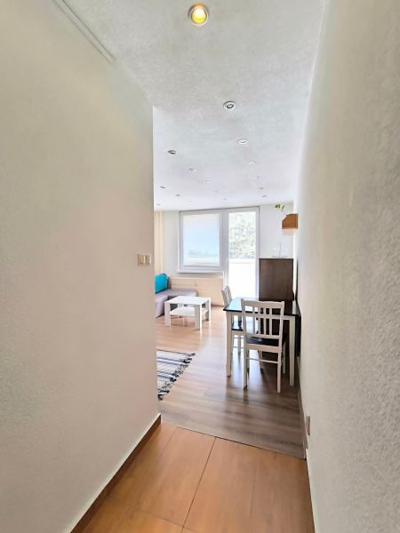 A hallway with a view into the living room with wood-patterned flooring and a dining table.