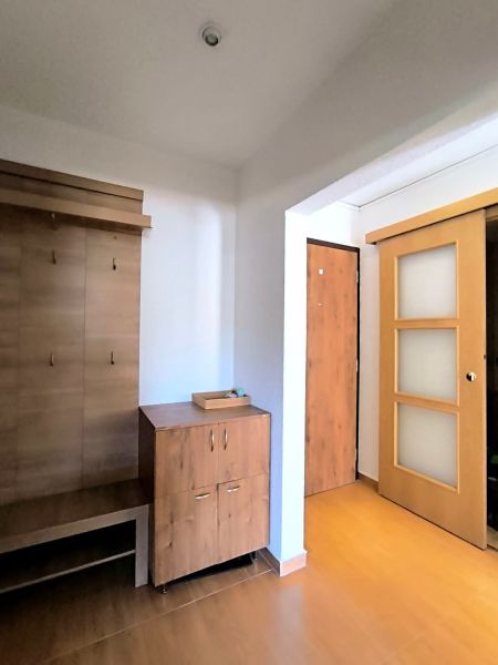 A hallway in a one-room apartment with furniture and a wooden decor floor.
