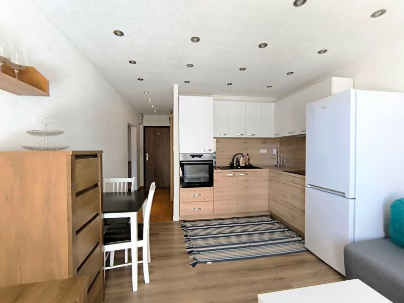Kitchen and dining table in a studio apartment with a wooden decor floor.