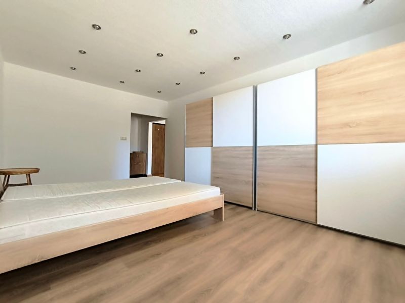 A bedroom in a studio apartment with a wood-patterned floor and a large wardrobe.