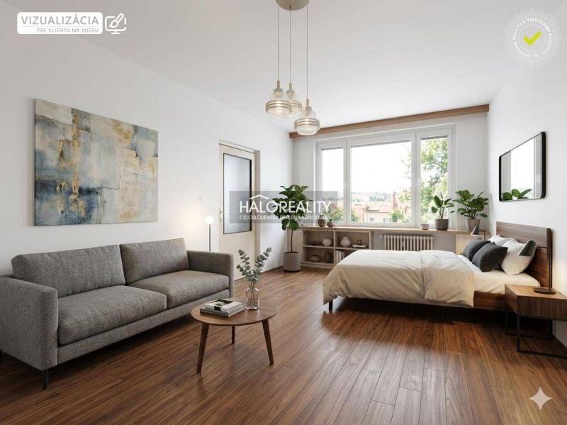 Living room with a sofa, bed, and wooden decor flooring in a studio apartment.
