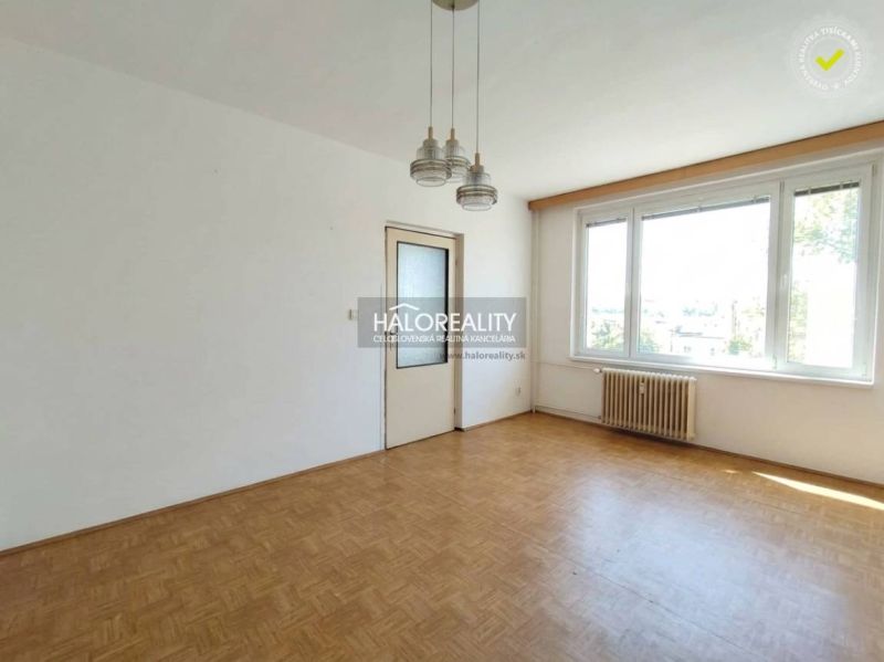 An empty room in a one-room apartment with wood-patterned flooring and a large window.