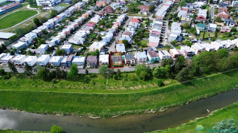 Aerial view of a family house on Nabr. J. M. Hurbana Street in Michalovce.