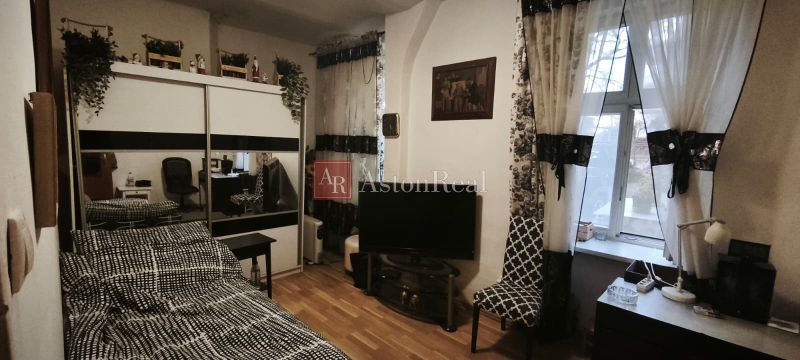 A room in a 2-room apartment with a wooden decor floor, a television, and a large mirror.
