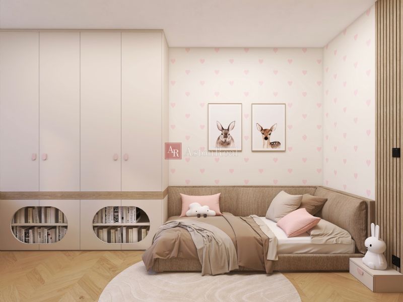Children's room in a two-room apartment with a bed and a wardrobe, decorated with pictures of animals.