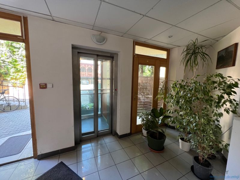 Office interior with tiled floor, elevator, and potted plants.