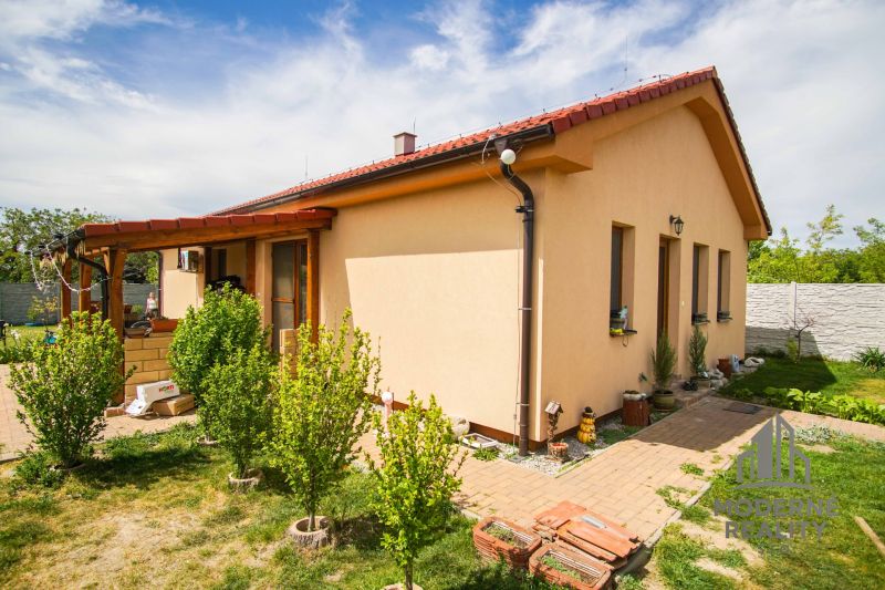 A family house in Andovce with a front garden, a brick terrace, and a grassy yard.