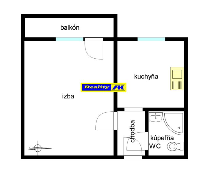 Layout of a one-room apartment with the composition of rooms: room, kitchen, balcony, bathroom, toilet.