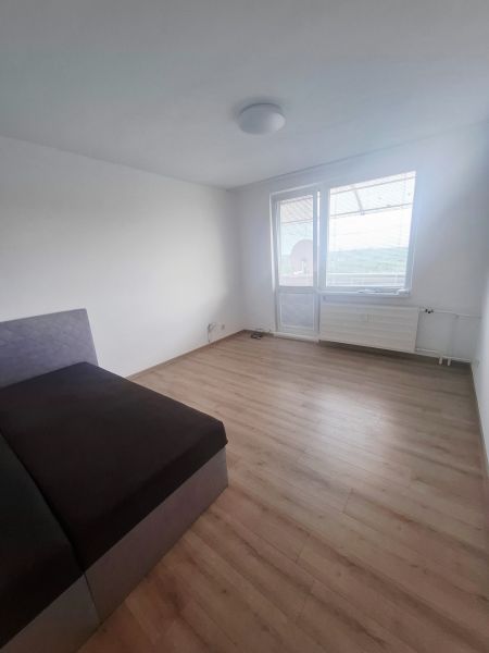 Room in a one-room apartment with a wooden floor and a bed.