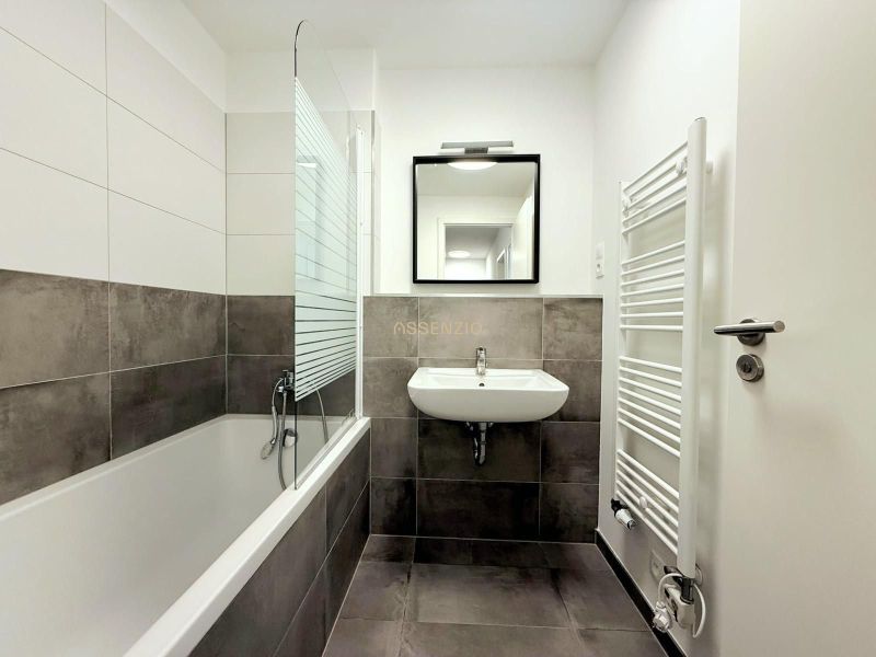 Bathroom with a shower, sink, and mirror in a 2-room apartment.