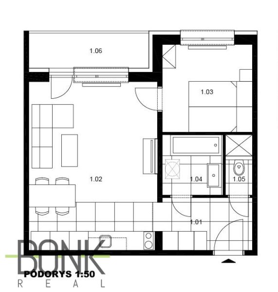 Floor plan of a 2-room apartment with living, sleeping, and bathroom zones.