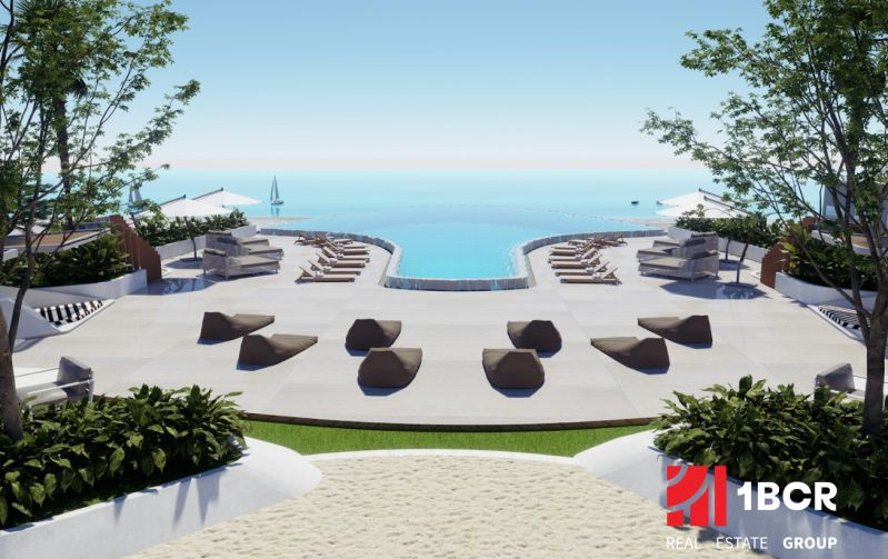 Terrace with a view of the pool and the sea, Apartment construction in Phuket.