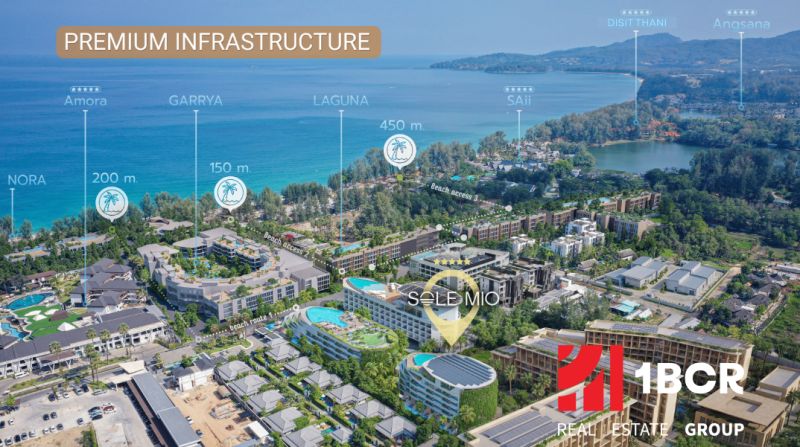 Aerial view of apartment construction in Phuket with close access to the beach.