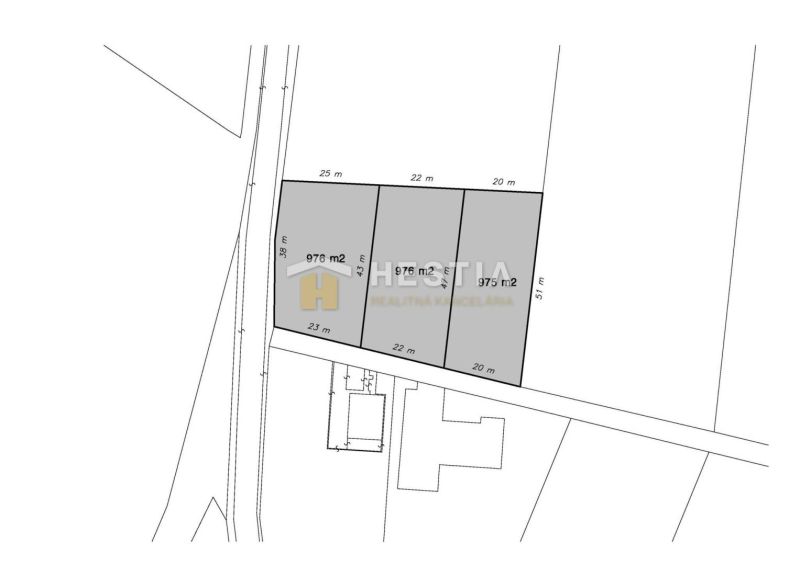 Land plan for residential plots in Bukovec with dimensions and area of parcels.