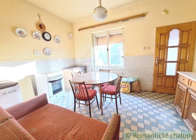 A kitchen in a family house with a dining table, kitchen appliances, and decorative plates.