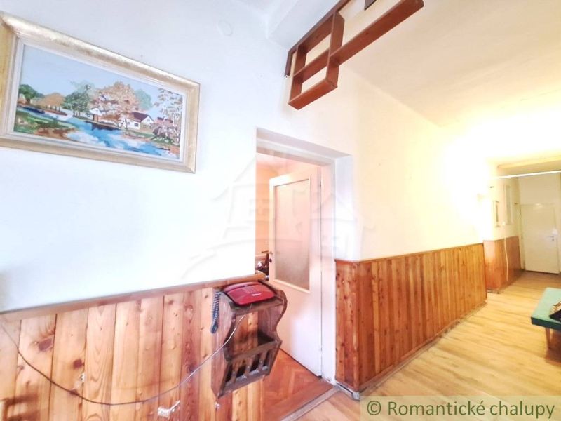 A hallway of a family house with wooden paneling and a picture on the wall.