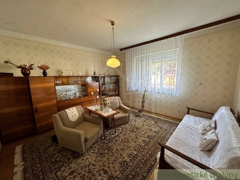 Living room with retro furniture and wood-patterned flooring in a family house.