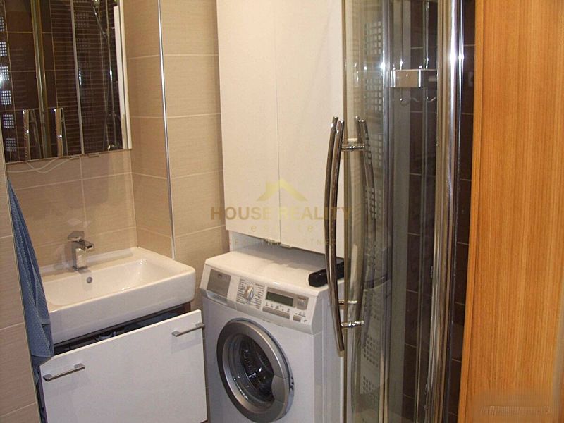 A bathroom with a washing machine in the corner next to the sink and shower in a 2-room apartment.
