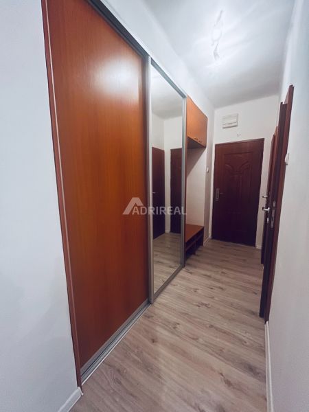 Entrance hall with a built-in wardrobe and a floor with a wooden decor in a 3-room apartment.