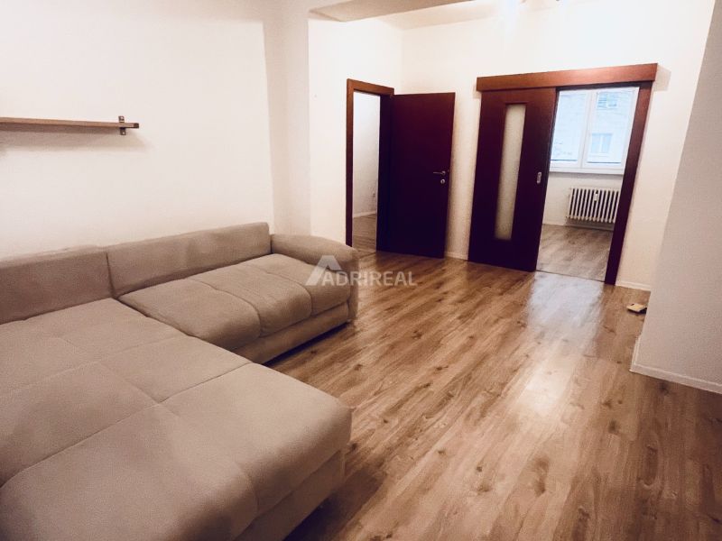 Living room with a comfortable sofa and wooden decor flooring in a three-room apartment.