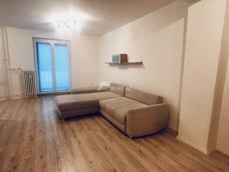 Living room in a 3-room apartment with a sofa and wooden decor flooring.