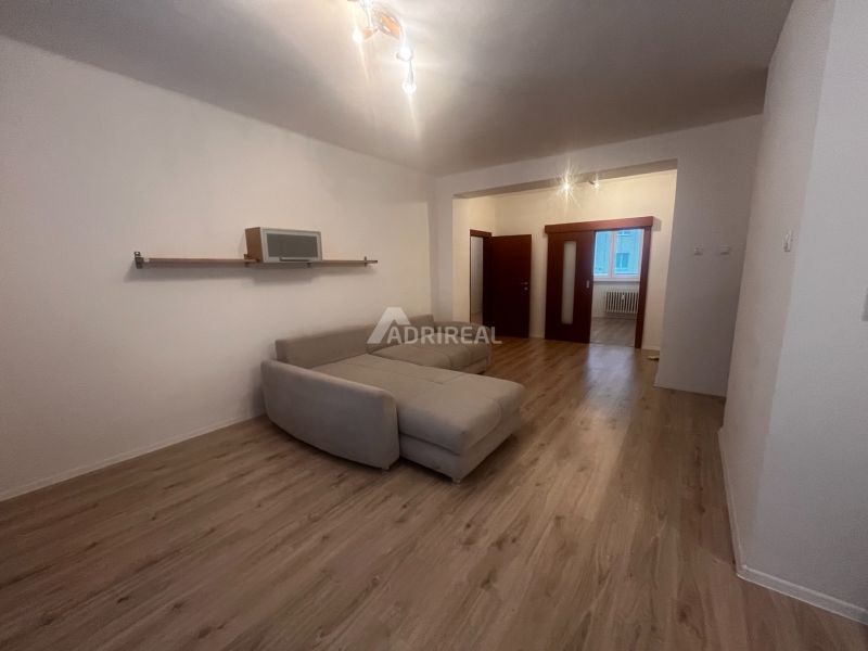 Living room with a sofa and wooden decor flooring in a 3-room apartment.