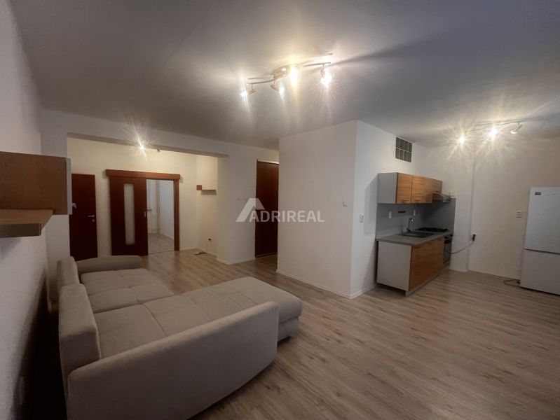 Living room in a 3-room apartment with a kitchen and a floor with a wooden decor.