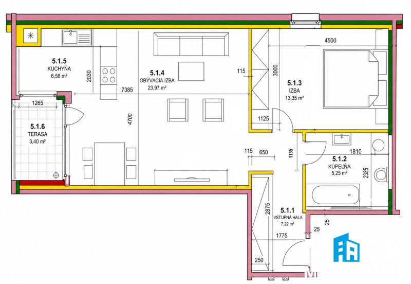 Floor plan of a 2-room apartment with a terrace, kitchen, and bathroom.