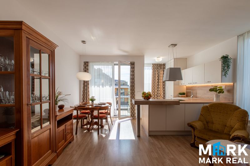 Living room with kitchen in a 2-room apartment, wooden decor flooring, dining table.
