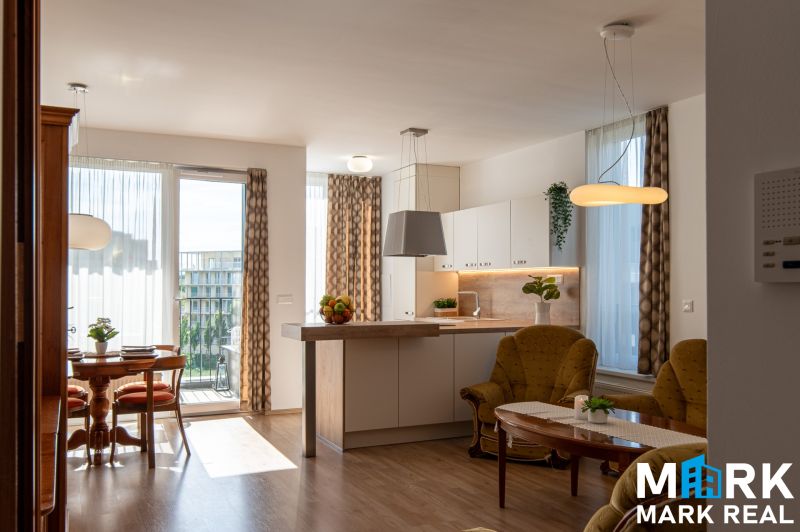 Living room in a two-room apartment with a wooden decor floor and a light kitchen.