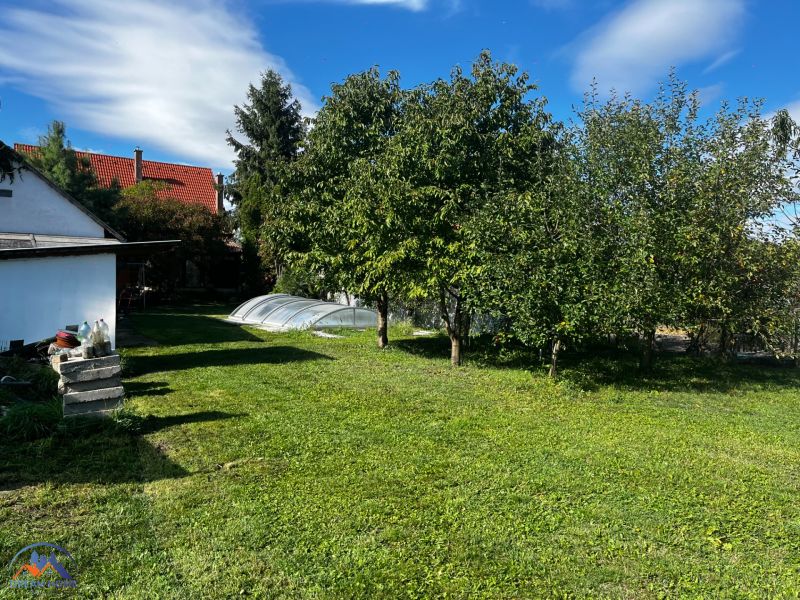 The garden of a family house in Čalovec with a swimming pool and fruit trees.