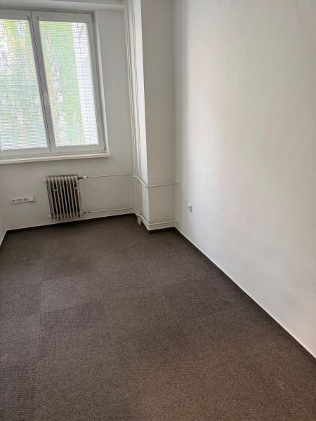 An office with a carpet, radiator, and a window with blinds.