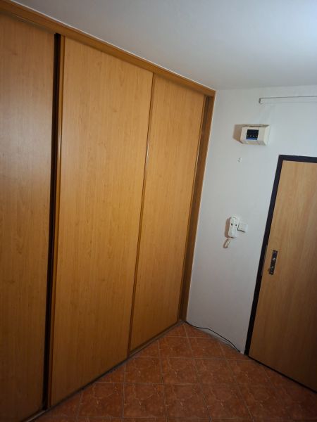 A built-in wardrobe in the hallway with a wooden decor floor in a 2-room apartment.