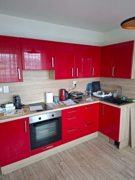 A kitchen in a 2-room apartment with red cabinets and a wooden decor floor.
