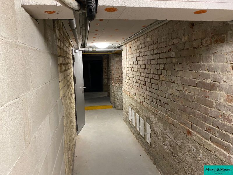 A corridor in the basement with brick walls and gray doors.