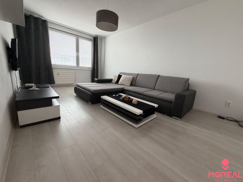 Living room in a two-room apartment with a wooden decor floor and a comfortable couch.