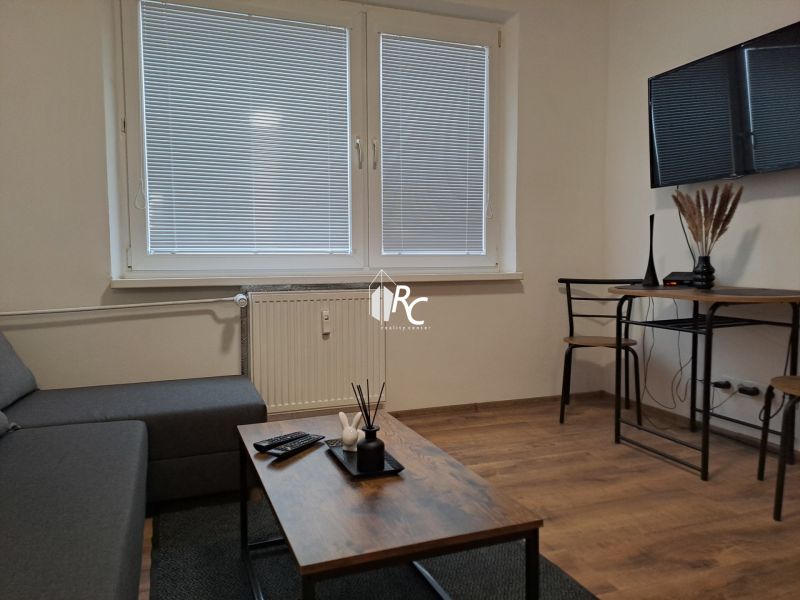 Living room in a studio apartment, gray-brown sofa, table, and floor with wood decor.