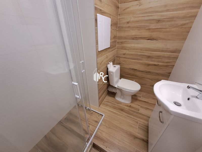 A bathroom in a studio apartment with a wooden decor floor and a shower corner.