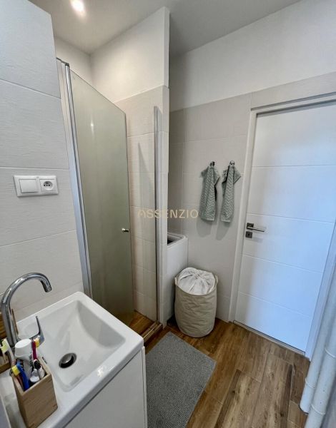 A bathroom in a 2-room apartment with a wood-patterned floor, a shower corner, and a washing machine.