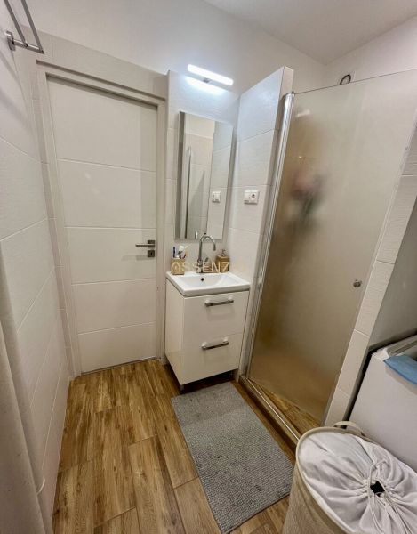 A bathroom in a 2-room apartment with a wooden decor floor, a shower corner, and a sink.