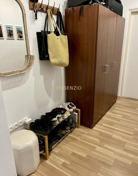 A hallway in a 2-room apartment with coat racks, a shoe cabinet, and a wardrobe, with a wooden decor floor.