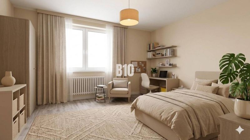 Bright bedroom in a family house, light curtains, bed, table, wooden decor floor.