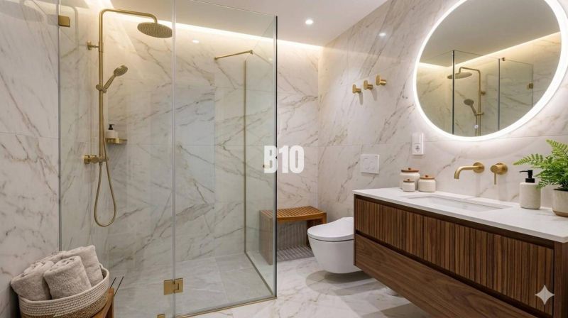 A bathroom with marble tiles, a shower corner, and a wooden washbasin cabinet in a family house.