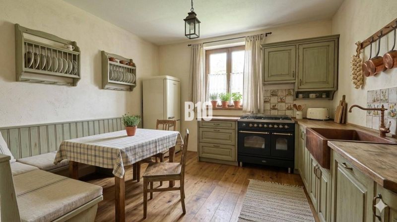 A kitchen in a family house with retro furniture and a wooden decor floor.