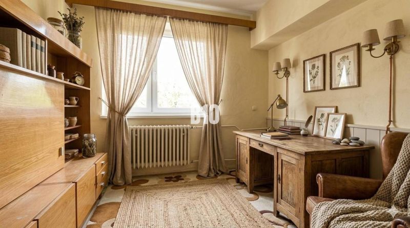 Interior of a family house with wooden furniture, carpet, and wall decorations.