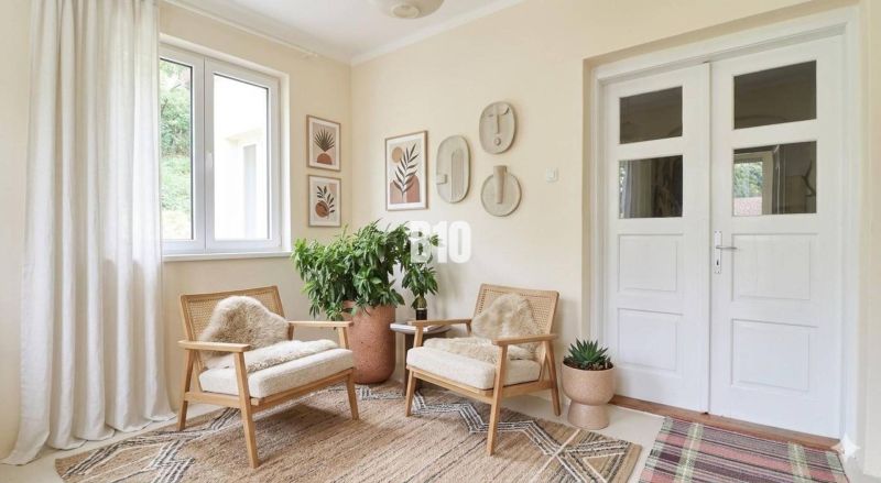 Interior of a family house with light-colored armchairs, greenery, and decorative paintings on the walls.