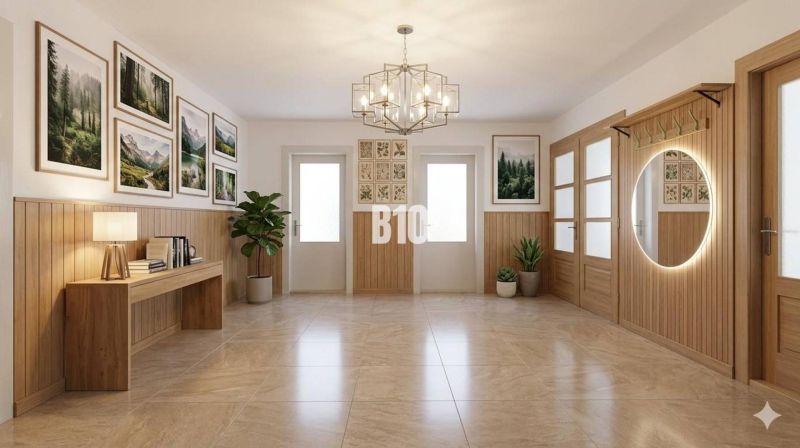 Interior of a family house with wooden decor, a mirror, paintings, and plants.