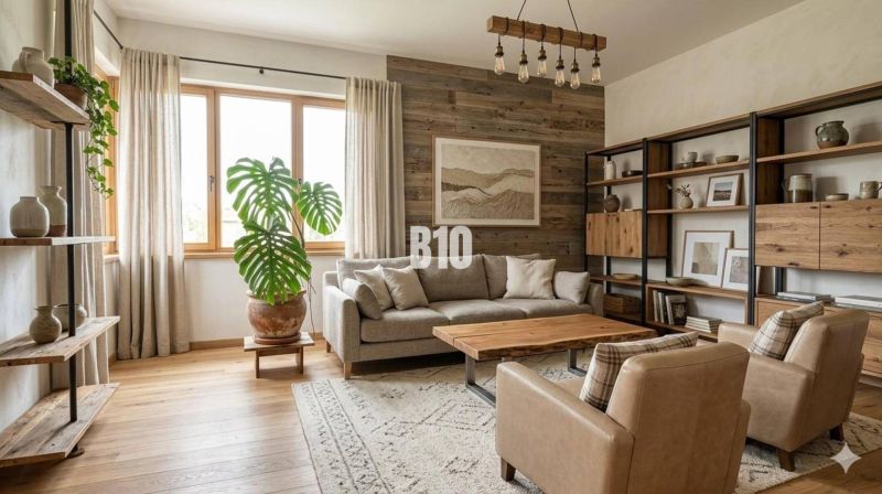 Living room in a family house with a wooden decor floor and green plants.
