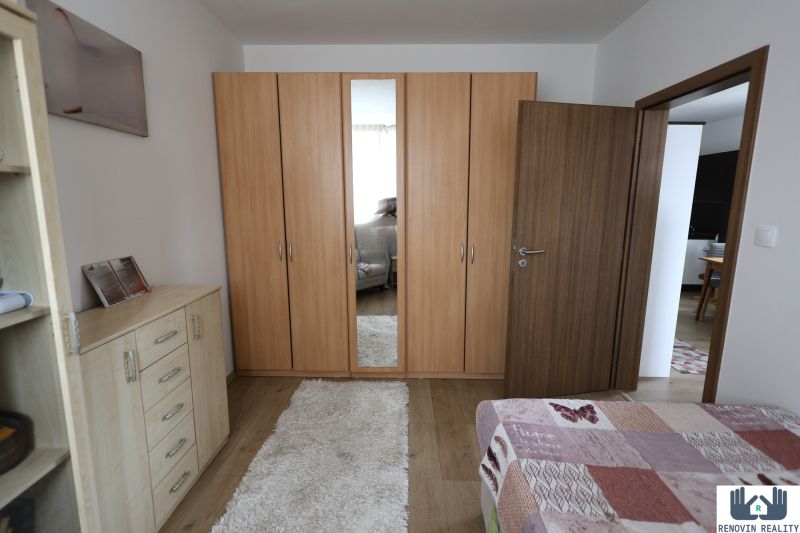 Wardrobe with a mirror in a 2-room apartment, floor with wood decor, carpet.